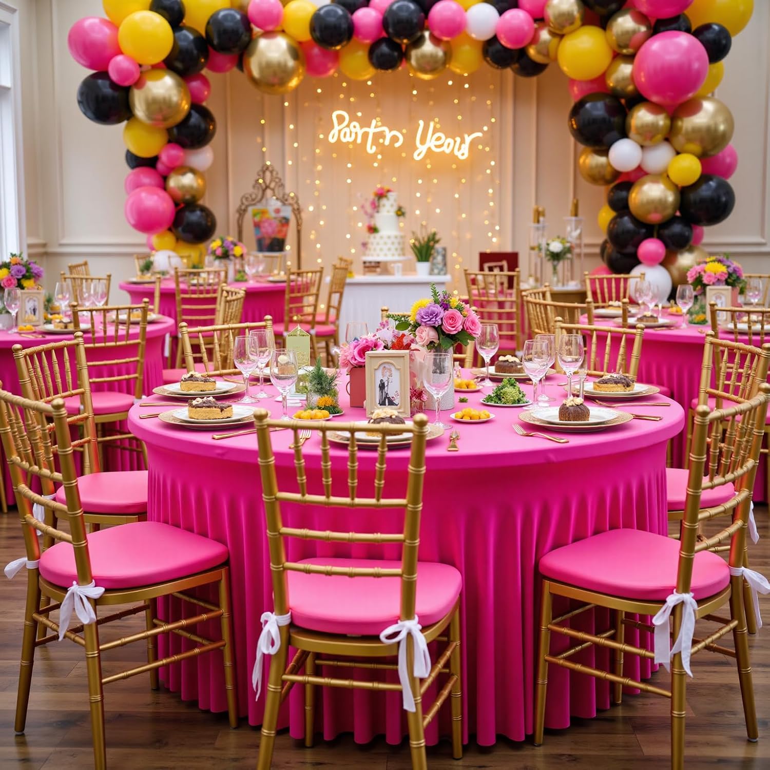 leegleri 6 Pack 72inch Spandex Hot Pink Round Tablecloth, Stretchy 132inch Fitted 6FT Round Table Cloths, Wrinkle Free Table Cover with Skirt for Wedding Birthday Party Bridal Shower Banquet
