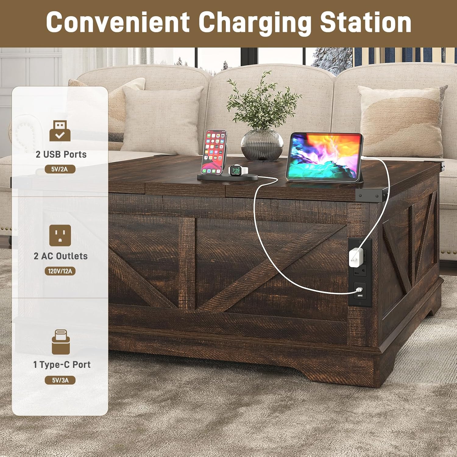 Hlivelood 40' Large Farmhouse Lift Top Coffee Table with Power Outlets and Large Hidden Storage, Square Wood Living Room Tables, Multi-Function Lift Wooden Barn Door Center Table, Brown