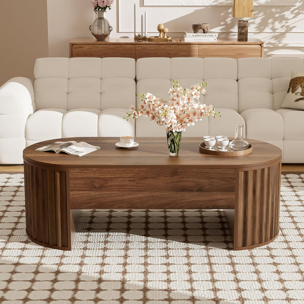 Oval Coffee Table with Lifting Top for Living Room Smart Coffee Table with Storage Mid Century Modern Coffee Tables with Adjustable Lift Top Coffee Tables Fluted Walnut 47.2'