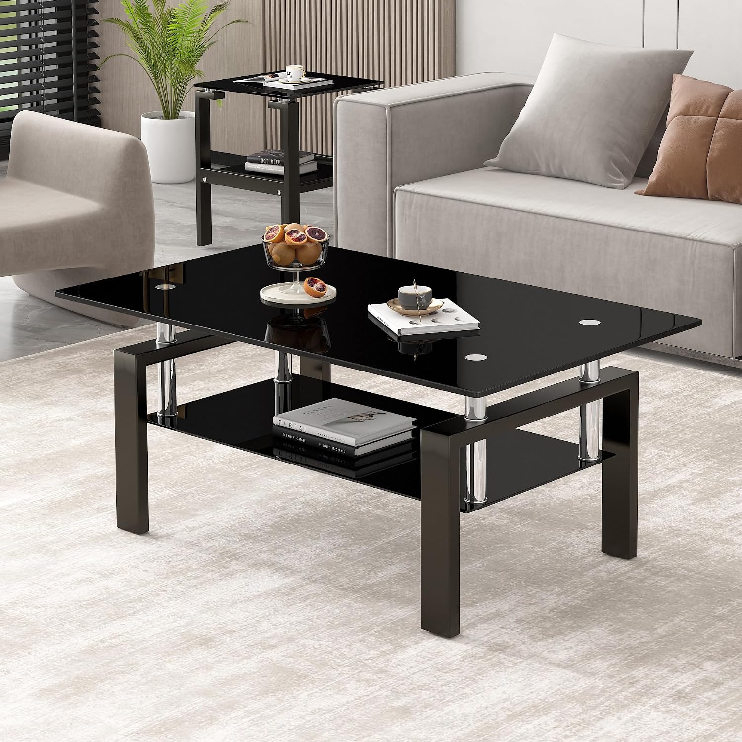 Glass Coffee Table for Living Room, Mordern Rectangle Tempered Glass Sofa Center Tables with Black Metal Leg for Home Office, Black