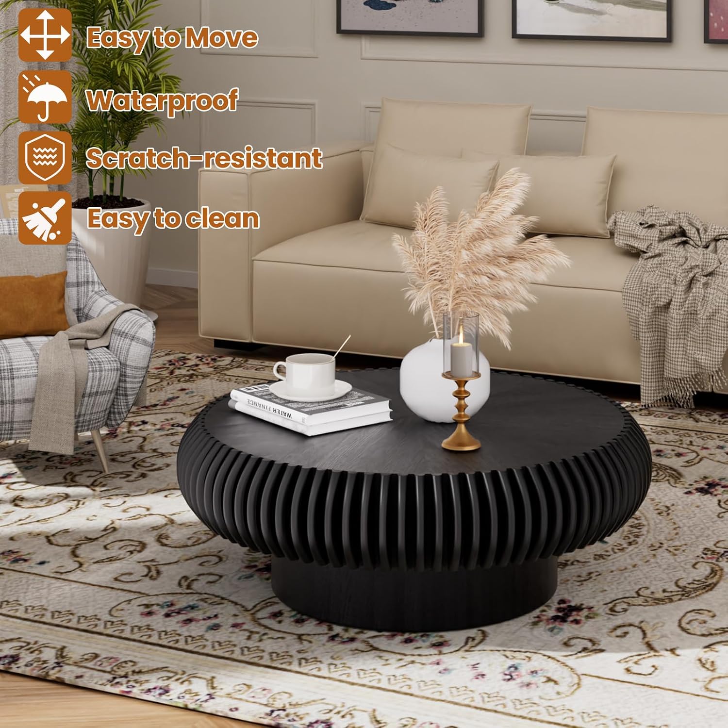Round Drum Coffee Table with Sturdy Pedestal, Modern Wooden Fluted Coffee Table, Circle Center Table Accent Tea Table for Living Room Apartment Office Reception Room (Black D31.5)