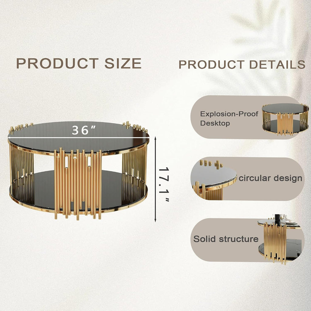 Modern Round Coffee Table, Luxury Black Gold Glass Coffee Table, 36' Center Table Living Room Table, Gold Stainless Steel Irregular Leg, Double-Layer Structure, Black Glass Desktop