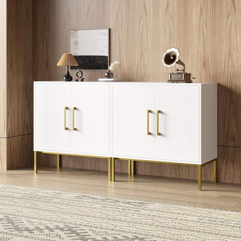 LYNSOM Storage Cabinet with Doors, Set of 2, Modern Buffet Cabinet with Storage, Kitchen Sideboard Buffet, White Wood Accent Cabinet for Living Room, Bedroom, Hallway, Entryway, Office, White