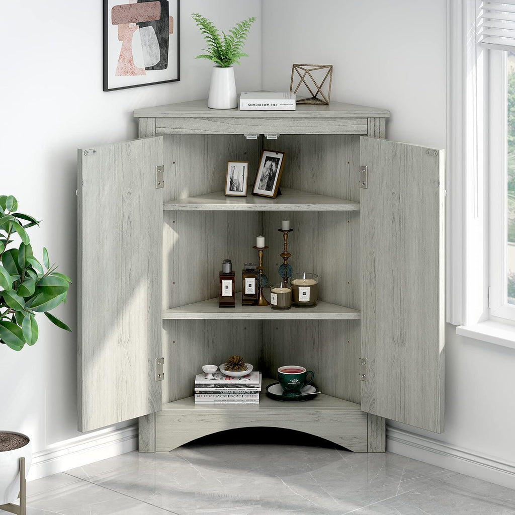 Knocbel 31.5' Height Corner Floor Storage Cabinet with Brushed Nickel Knobs, 2 Doors and Adjustable Shelves, Bathroom Pantry Corridor Free Standing Triangle Organizer Unit (Oak)