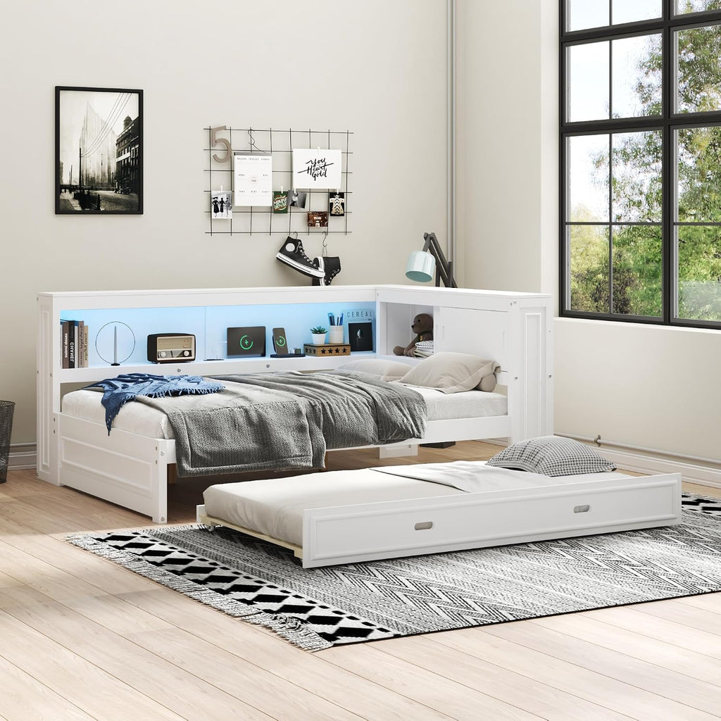 Full Size Daybed with Trundle,L-Shape Daybed with USB Charging Station & LED Light Strip for Kids Teens Adults,Wooden Corner Bed Frame with Storage Shelves & Slat Support for Bedroom,Guest Room,White