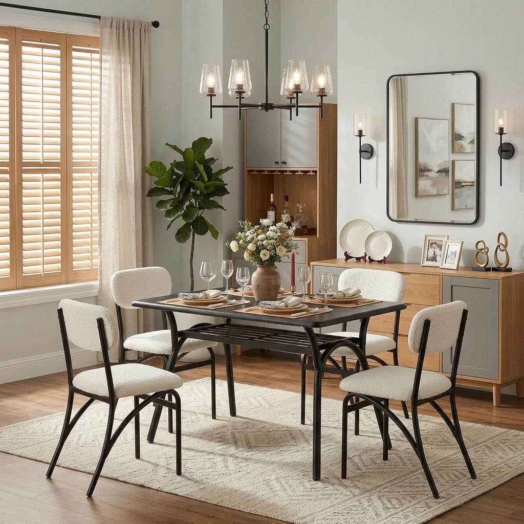 GarveeHome 5-Piece Dining Table Set for 4, Modern Kitchen Table with 4 Boucle Chairs, Rectangular Dining Table with Storage Shelf & Marble Tabletop, Home Dining Furniture for Small Space, Beige+Black