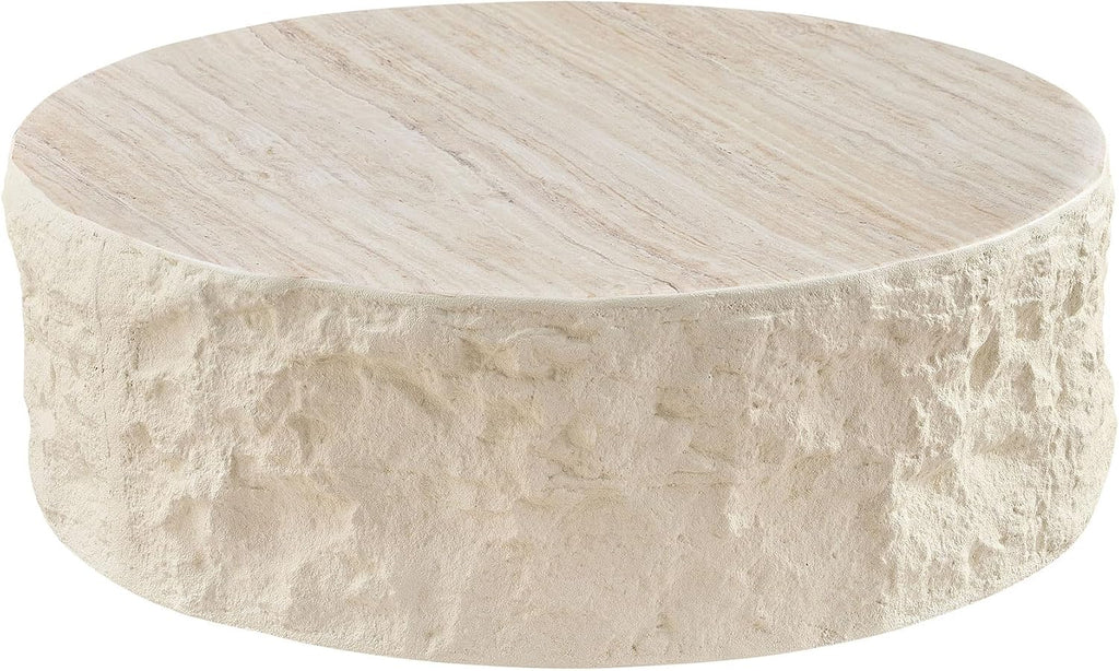 35.43' Modern Round Drum Coffee Table for Living Room, Circle Center Side End Table for Living Room, Office, Apartment, No Assembly Falux Marble Mars Stone, Beige