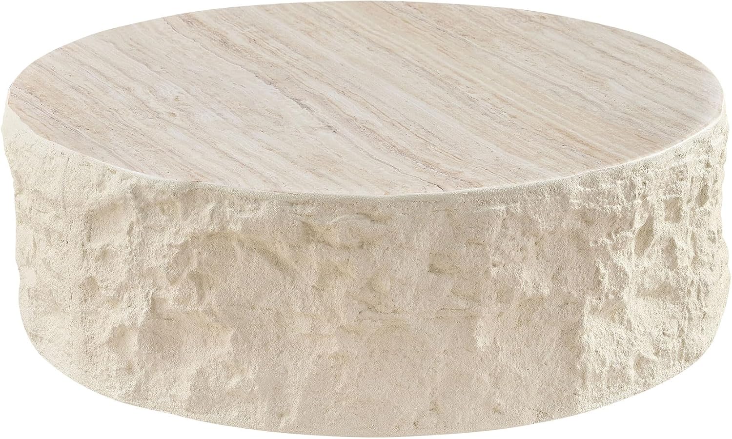35.43' Modern Round Drum Coffee Table for Living Room, Circle Center Side End Table for Living Room, Office, Apartment, No Assembly Falux Marble Mars Stone, Beige