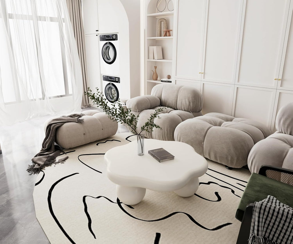 35.03' Cloud Coffee Table for Living Room Unique Coffee Table Modern Low Coffee Tables Cute Center Table with 3 Ball Legs for Small Space Apartment Cream Flower-White
