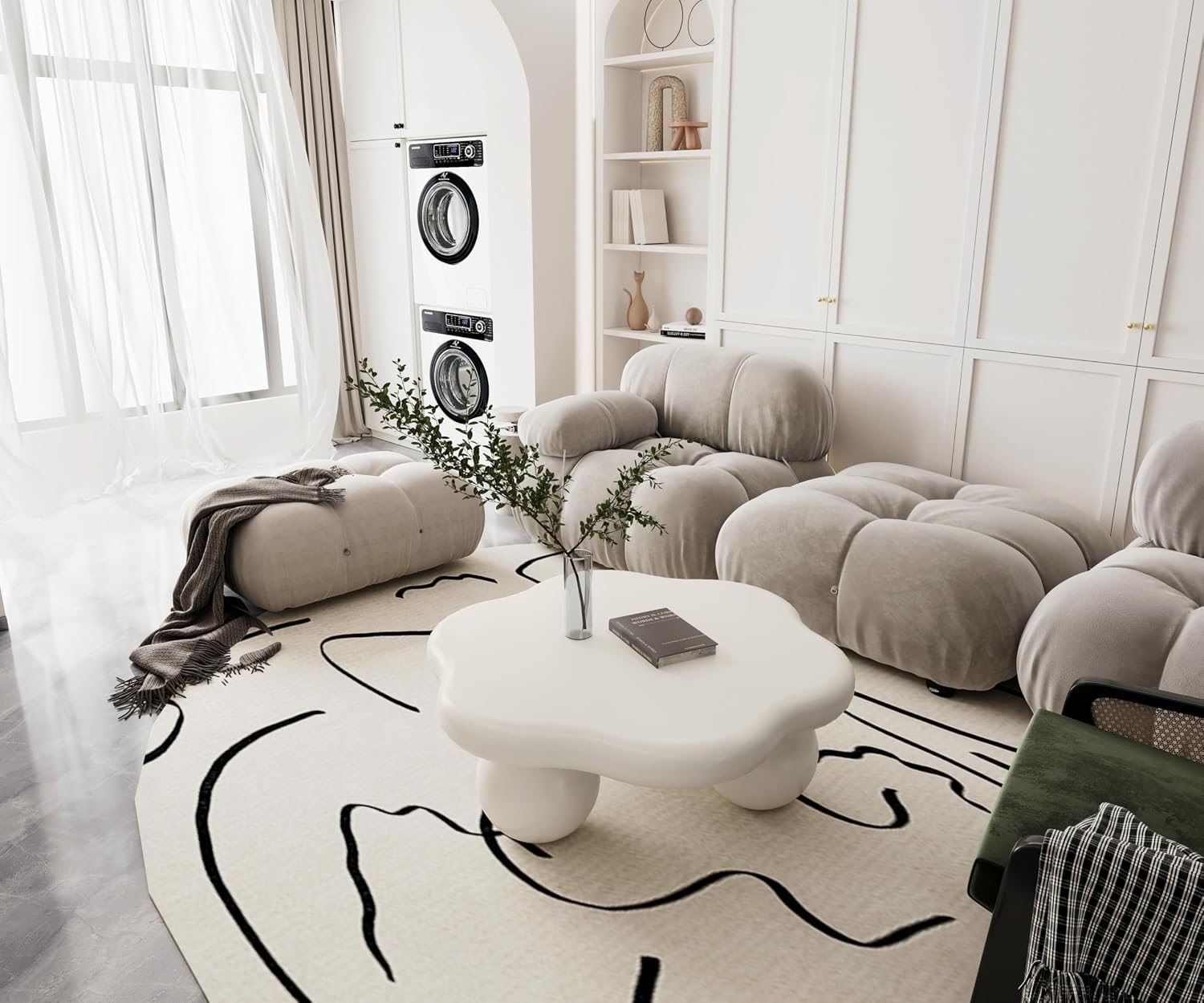 35.03' Cloud Coffee Table for Living Room Unique Coffee Table Modern Low Coffee Tables Cute Center Table with 3 Ball Legs for Small Space Apartment Cream Flower-White