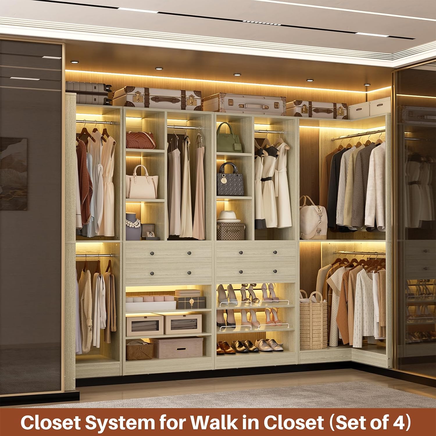 Besiost Closet System with 4 Drawers & Corner Tower, Closet Organizer System with 4 Hanging Robs, Reversible U Shaped Walk-in Closet System, Load 2600+LBS Capacity, Set of 4, Greige Oak