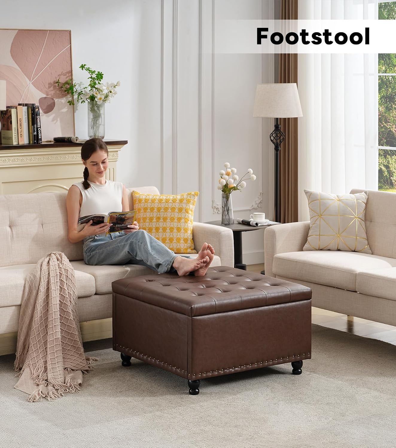Tbfit 30' Large Square Ottoman Coffee Table with Storage, Oversized Tufted Upholstered Ottomans Bench with Solid Wood Legs for Living Room, Dorm, Leather Foot Stool for Couch Sofa Toy Box, Brown