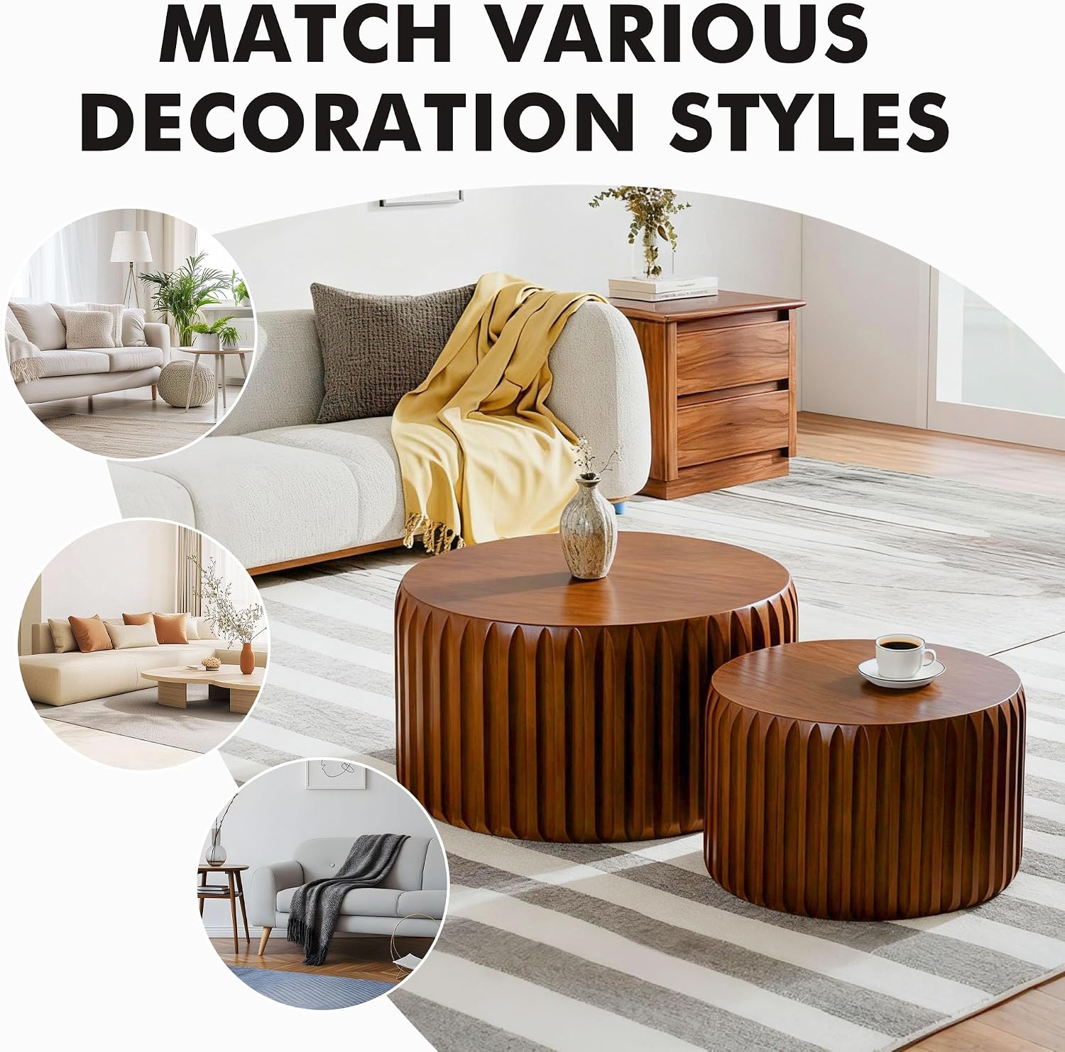 Round Nesting Coffee Table Set of 2, Mid Century Modern Wood Fluted Coffee Table, Drum Circle Coffee Tables for Living Room, No-Assembly Center Table End Side Table for Home, Office