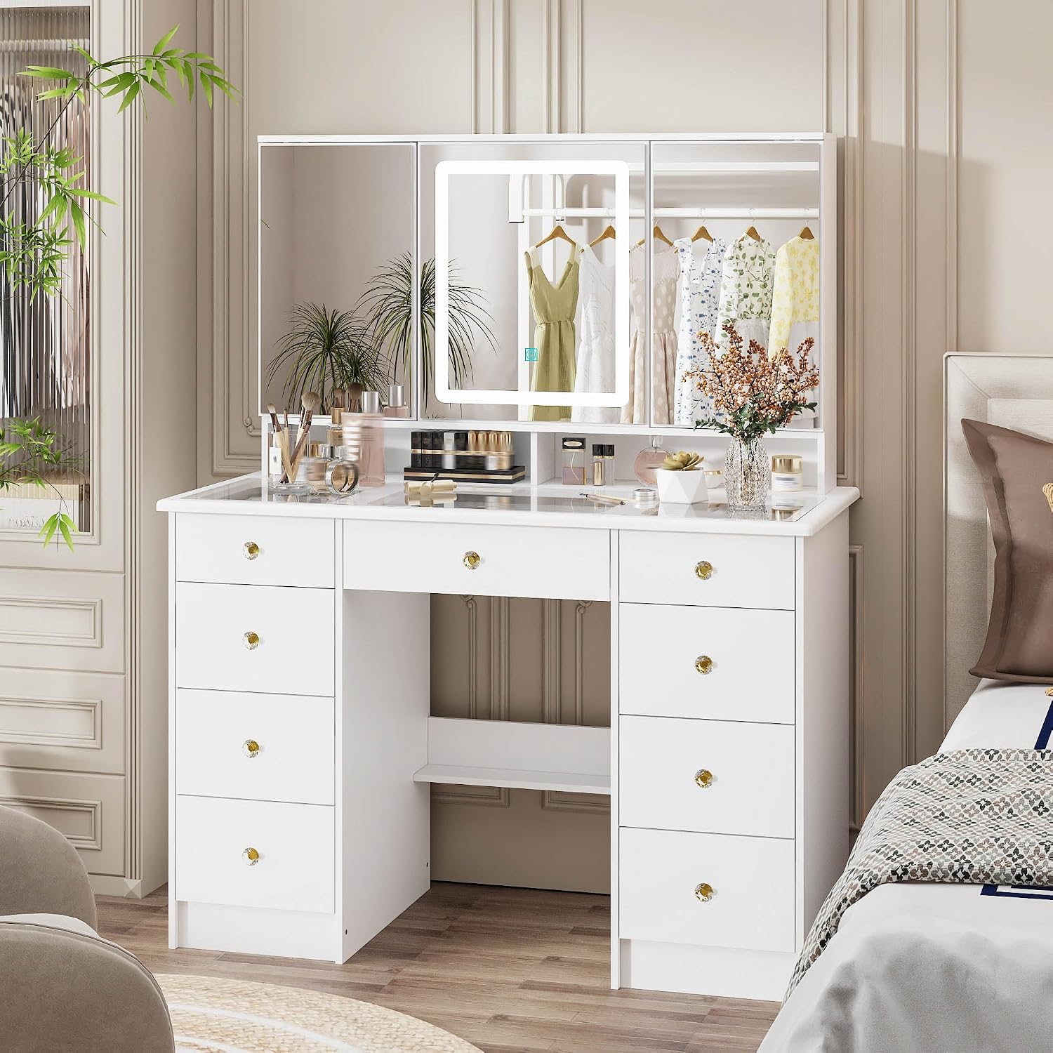 Timechee Vanity Mirror with Lights, Corner Vanity Desk with 9 Storage Drawers, 4 Large Shelves, 3 Color Lighting Options, Vanity Mirror Desk, Makeup Vanity Set for Bedroom,Glass Tabletop, White