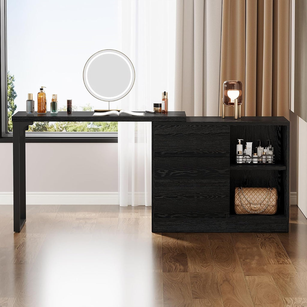 Tribesigns Vanity Desk with 3 Drawers and 2 Shelves, Small Makeup Vanity Table with Reversible Storage Cabinet, Modern Corner Dressing Table for Bedroom, Makeup Room (Without Mirror) (Black)