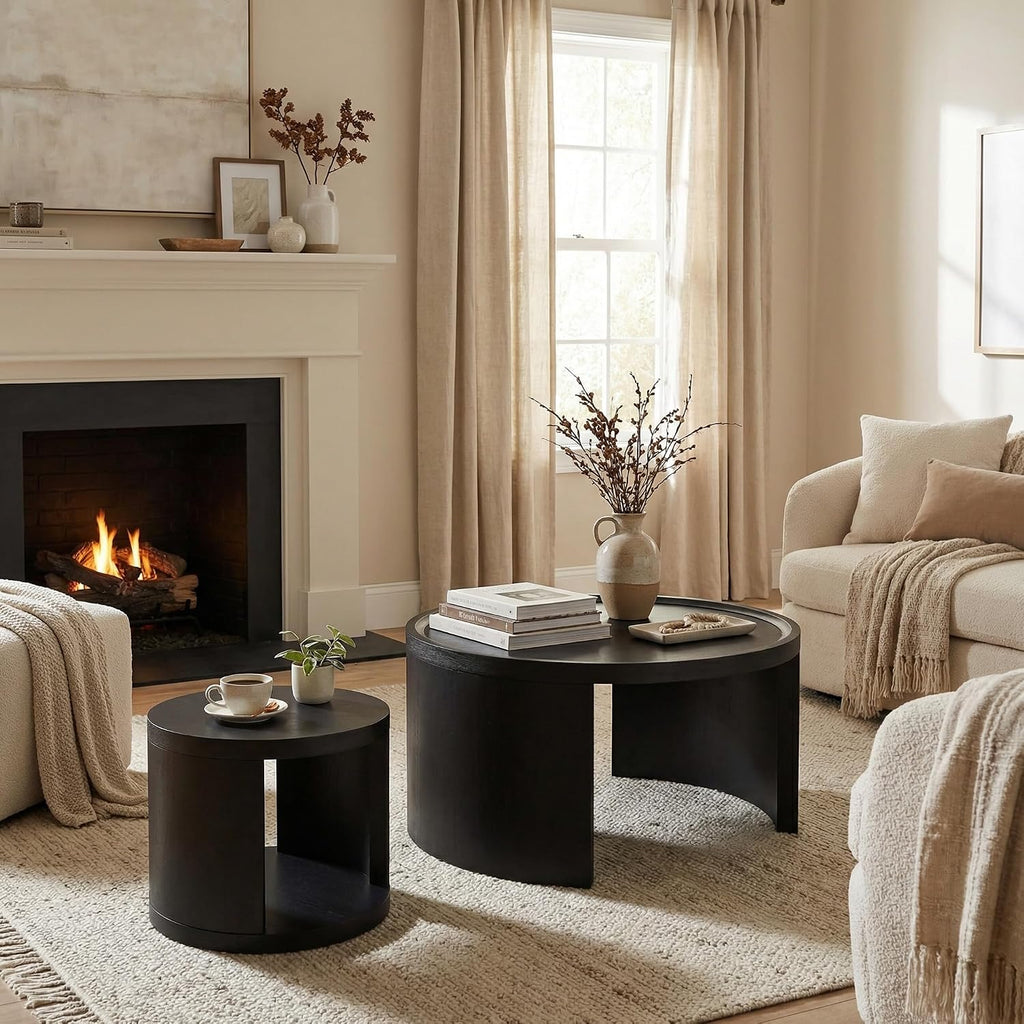 Round Nesting Coffee Table Set of 2, Black Coffee Table, 31.5' Large & 18' Small Low Tables with Wood Top, Center Table for Living Room, Bedroom, Minimalist Center Table Set