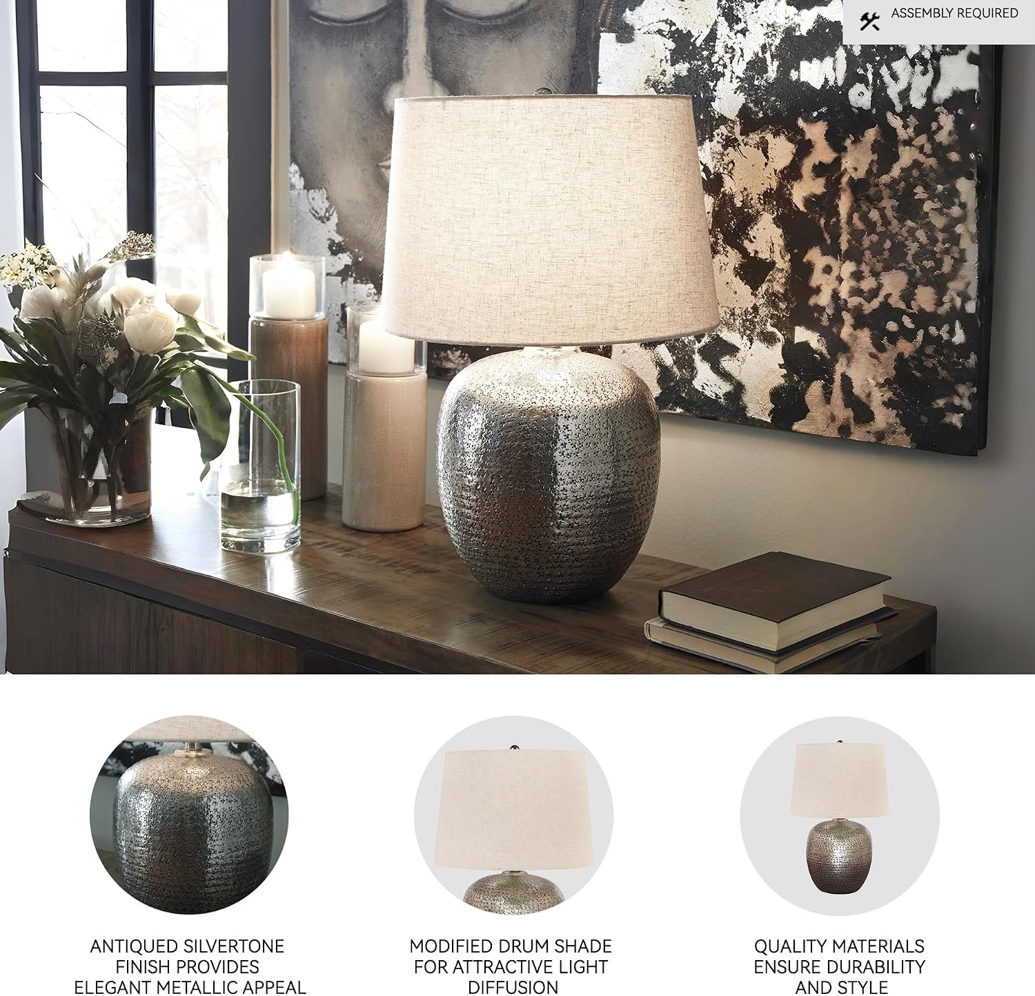 Signature Design by Ashley Magalie Contemporary UL Listed Table Lamp with Modified Drum Shade, 3-Way Switch, Hammered Aluminum, 23.13' High, Antique Silver
