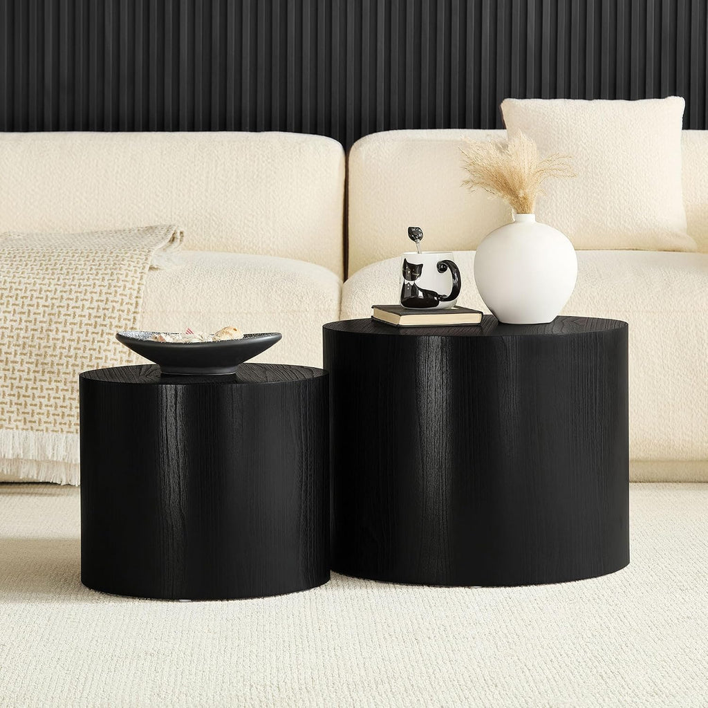 Round Coffee Table Set of 2, Nesting Coffee Table and End Table Set Wood Small Circle Drum Side Table for Living Room Office, No Assembly