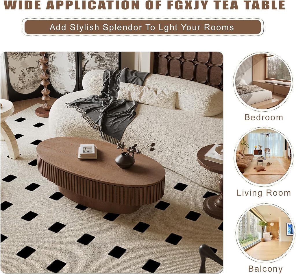 Oval Coffee Table with Storage, Modern Walnut Coffee Table with Solid Wood Veneered, Fluted Center Table Wood Drum Tea Table for Living Room Apartment, 47.2''L×23.6''W×14.2''H