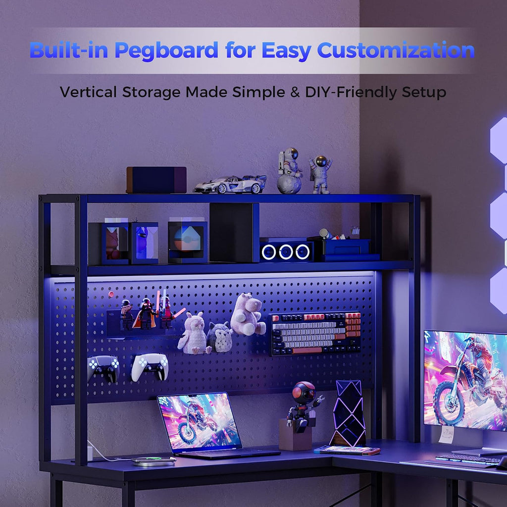 Mericonia 59 inch Large L Shaped Desk with Pegboard Hutch & Shelves, Corner Gaming Desk with Power Outlet, LED Light & Storage Bag, Reversible Computer Desk for Home, Bedroom, Office Workspace, Black