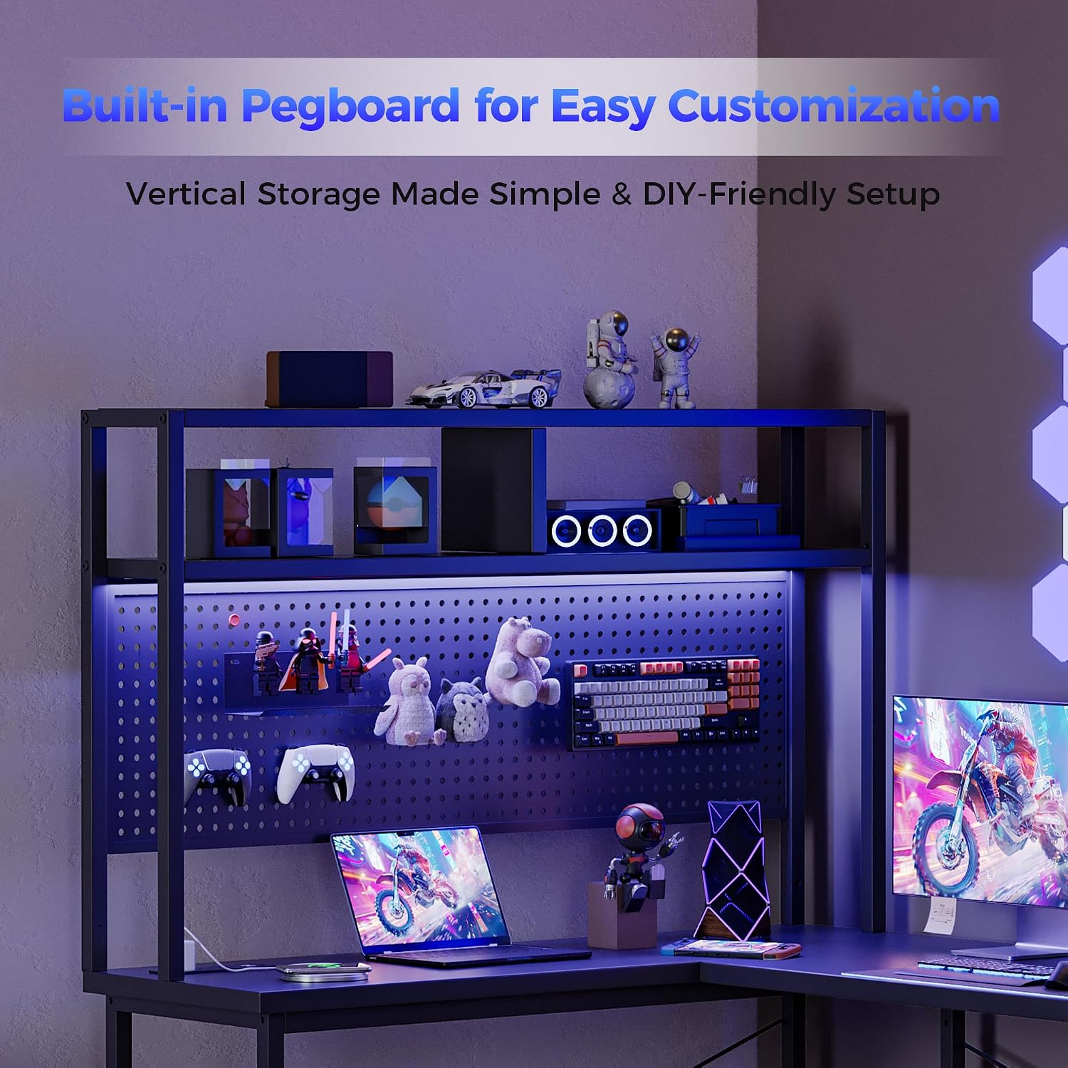 Mericonia 59 inch Large L Shaped Desk with Pegboard Hutch & Shelves, Corner Gaming Desk with Power Outlet, LED Light & Storage Bag, Reversible Computer Desk for Home, Bedroom, Office Workspace, Black