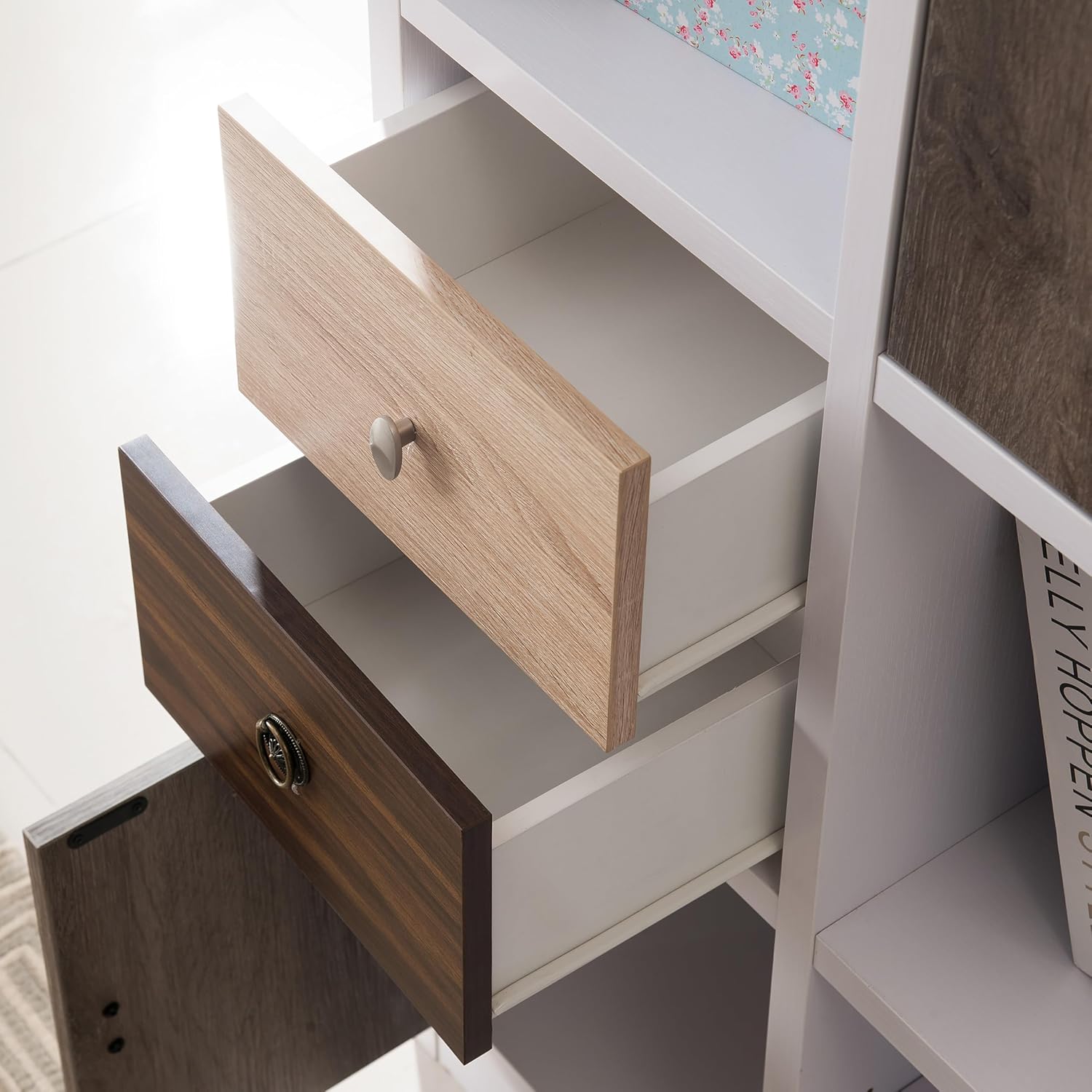 HOMES: Inside + Out Catrina Modern 10-Cube Storage Bookcase with Drawer, L Shaped Ladder Corner Staircase Display Shelves, 4-Tier Organizer Shelf for Living Room , Bedroom, Office, Apartment, White