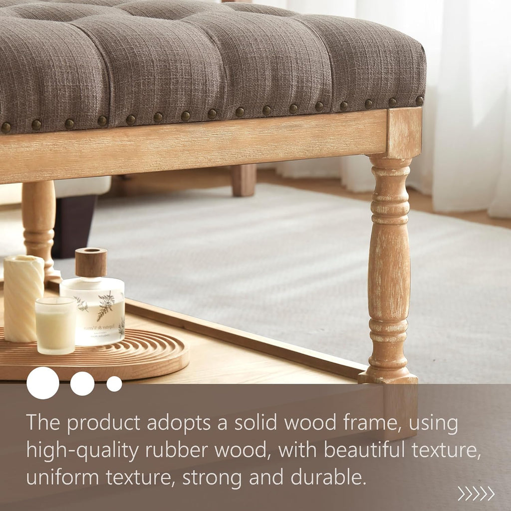 HUIMO 33-inch Large Square Ottoman Coffee Tables for Living Room, Tufted Upholstered Linen Ottoman with Storage Shelf and Solid Legs for Office Bedroom Farmhouse (Brown)