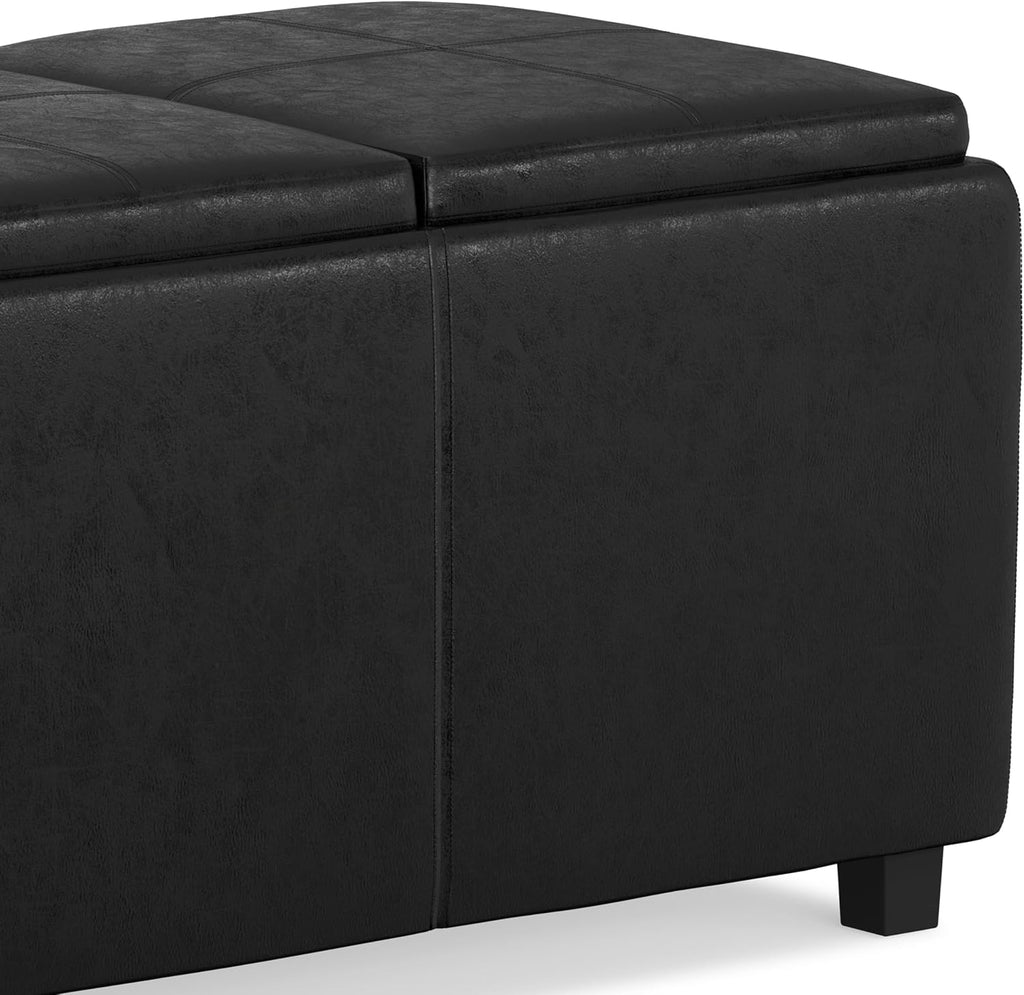 SIMPLIHOME Avalon Storage Ottoman - 42 inch Wide Upholstered Vegan Leather Rectangular Flip-Top Ottoman in Distressed Black, Contemporary Coffee Table Ottoman for Living Room with Hidden Storage
