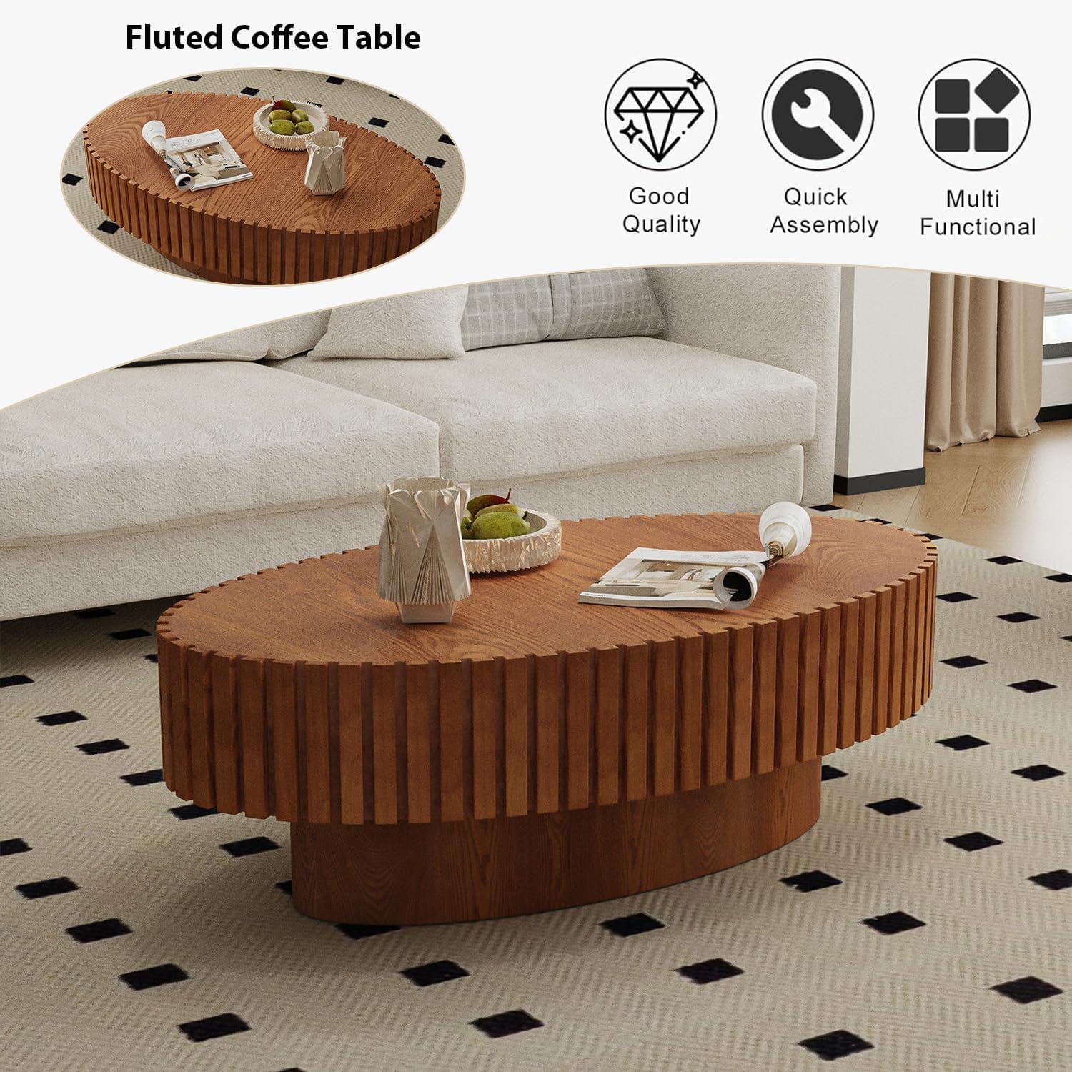 Oval Fluted Coffee Table Mid Century Modern Coffee Tables with Handcrafted Relief Ellipse Drum End Table Rustic Industrial Center Tables for Apartment Living Room (Wood Oval)