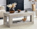 39.4' Faux Mars Coffee Table with Storage, 2-Tier Travertine Coffee Table with Thick Tabletop, Mid Century Travertine Cocktail Center Tea Tables with Bottom Shelf for Living Room, Office, Apartment