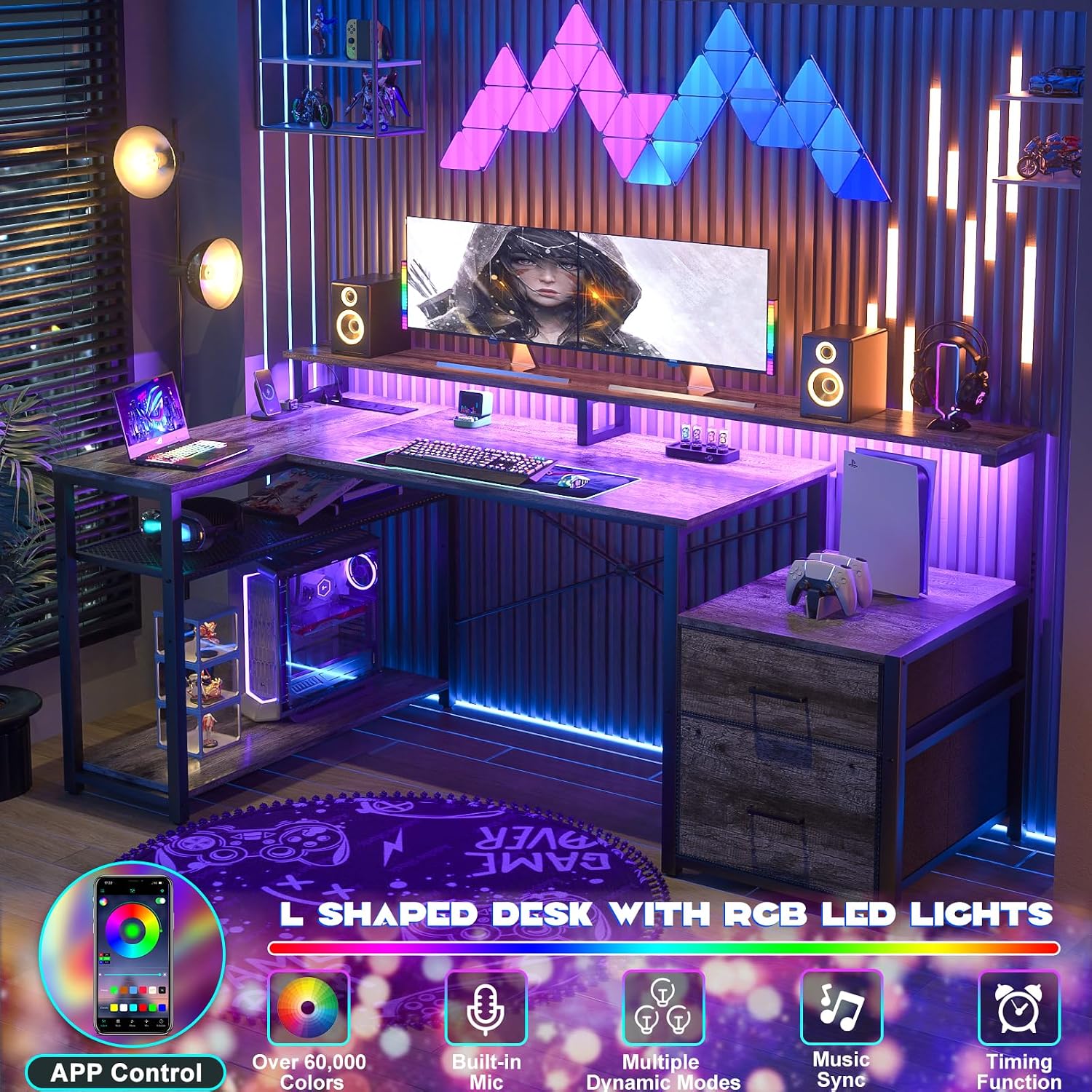 Aheaplus L Shaped Desk with File Drawer, Reversible L Shaped Computer Desk Gaming Desk with Power Outlet & LED Strip, Home Office Desk with Monitor Shelf, Corner Desk with Storage Shelves, Grey Oak
