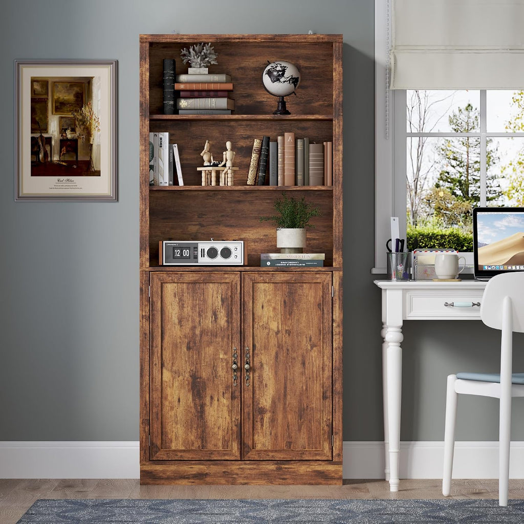 BORNOON 70.1' Tall Bookshelf with Cabinet, 5-Tier Floor Standing Bookcase with Doors & Adjustable Shelves, 31.5' Wide Storage Shelf, Metal Handles, Modern Organizer for Home Office, Living Room