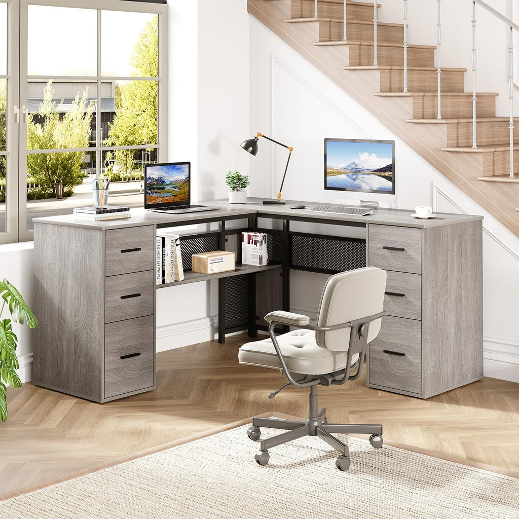 HSH Large L Shaped Desk with Storage File Cabinet，Corner L-Shaped Computer Desk with Drawers Shelves, Home Office Bedroom Metal Wood Study Writing Table Executive Workstation, Light Grey Oak, 59 Inch