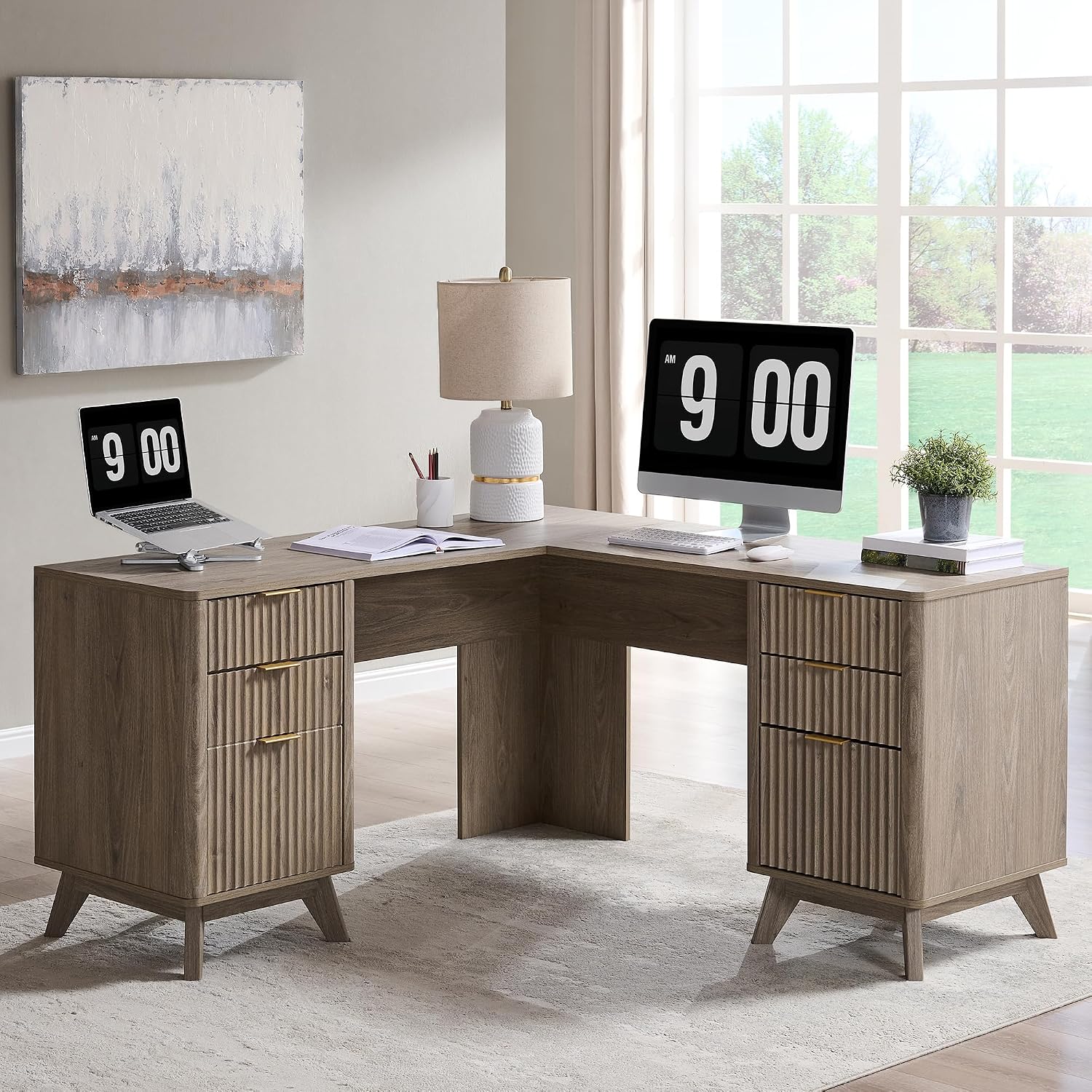 T4TREAM 60'' Fluted Executive L Shaped Desk, Modern Home Office Desk with Charging Station and File Drawer, Computer Corner Desks with Drawers & Storage Cabinet for Office Home, Bedroom, Alder Grey