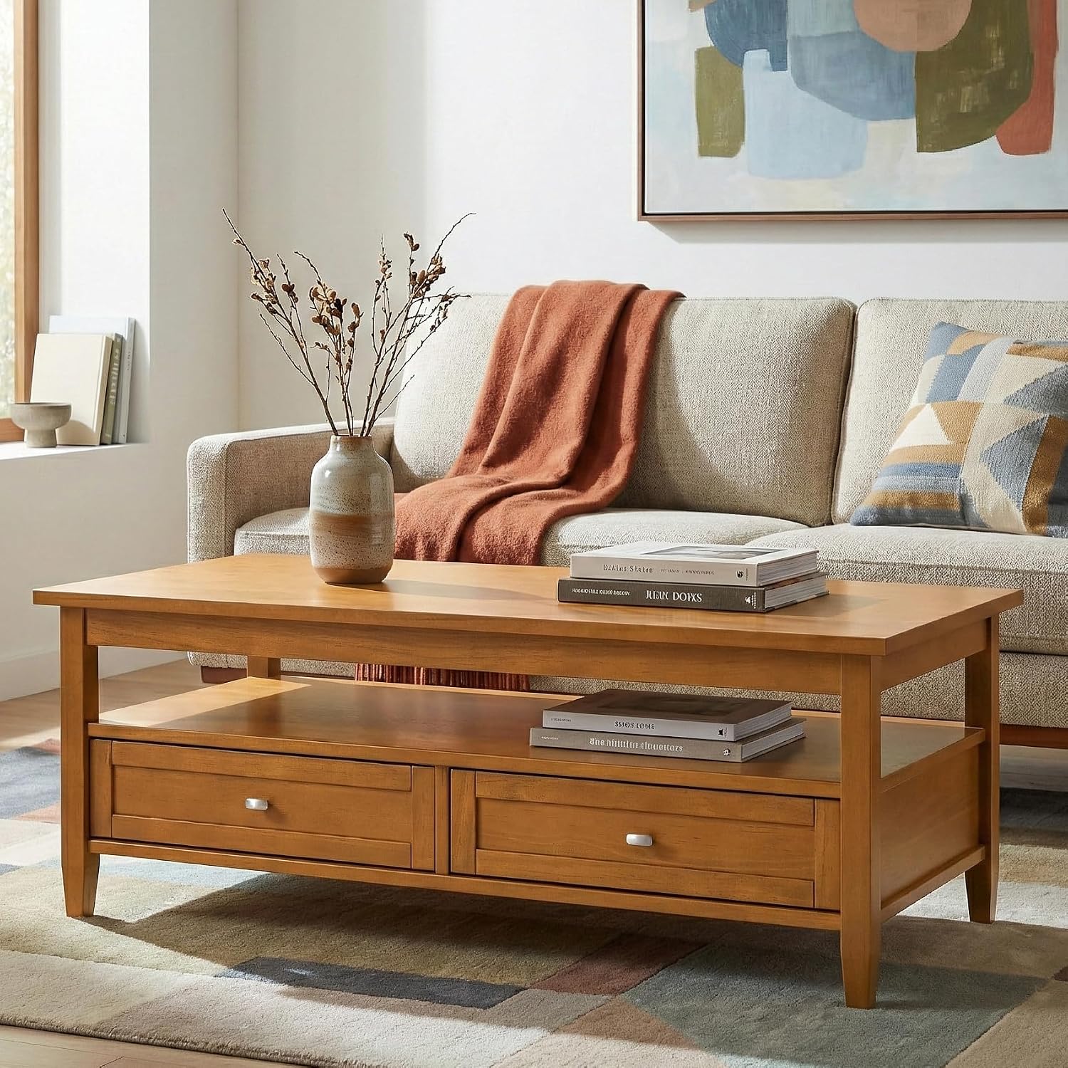 SIMPLIHOME Warm Shaker Coffee Table - 48 inch Wide Solid Wood Coffee Table in Light Golden Brown, Transitional Living Room Table with 2 Drawers, Open Shelf, Shaker Fronts and Tapered Legs