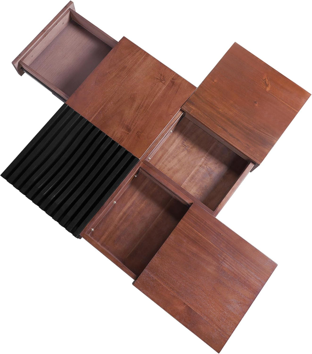Merax 35'' Square Acacia Wood Coffee Table with Sliding Top & Ample Storage, Vintage and Sturdy, Natural Grain Patterns for Living Room Apartment, Brown+Black