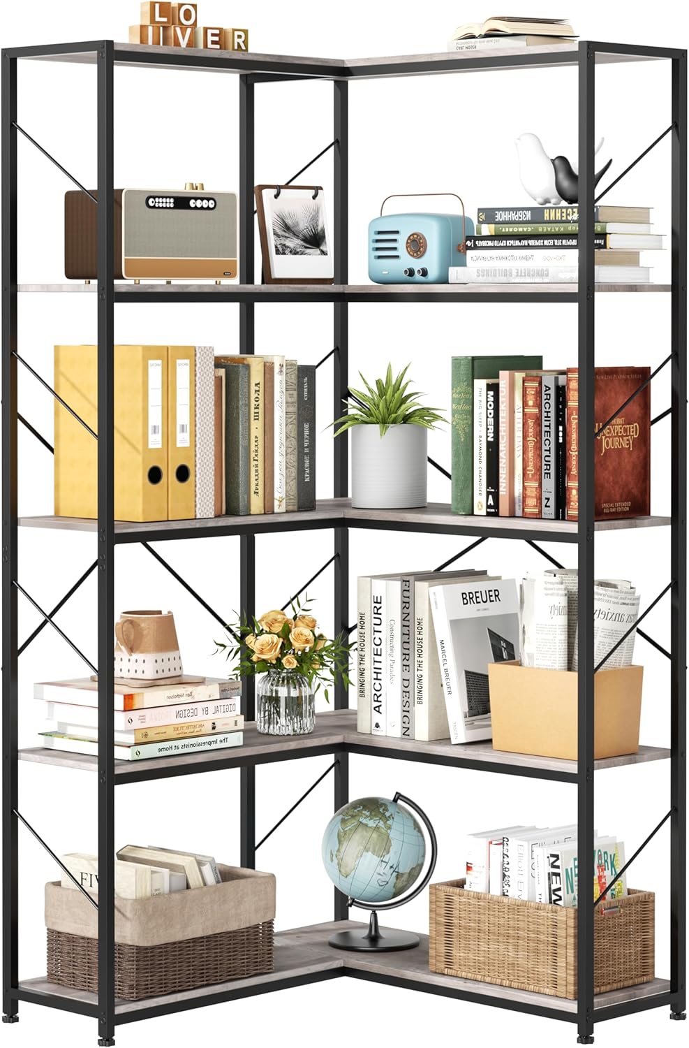 5 Tiers Corner Bookshelf, L-Shaped Bookcase Storage Organizer, Display Shelf Free Standing Book Shelf for Home Office, Living Room, Kitchen, Bedroom, Grey