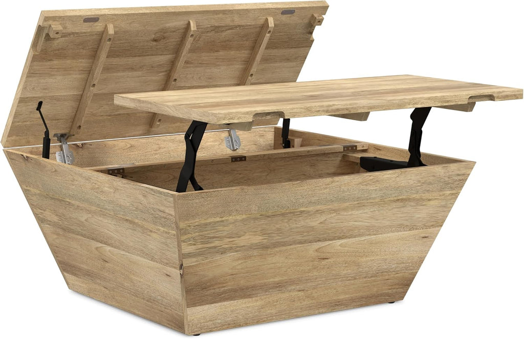 SIMPLIHOME Abba 36-inch Wide Solid Mango Modern Lift Top Square Coffee Table with Dual Lift Panels and 2 Storage Compartments in Natural for Living Room