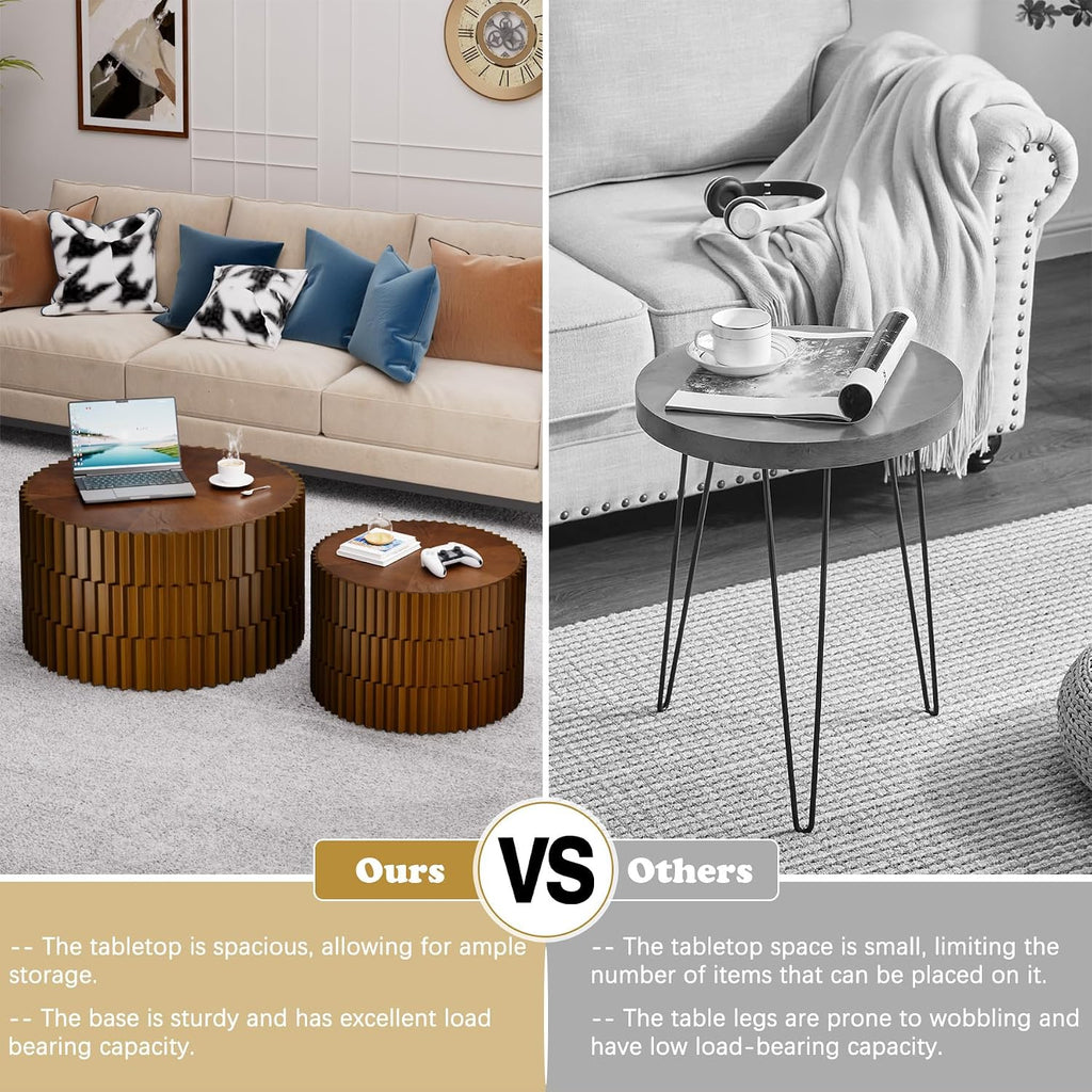 Round Nesting Coffee Table Set of 2 Fluted Coffee Tables Modern Drum Side End Table Wooden Circle Accent Side Table for Living Room Bedroom Balcony, No Assembly (Walnut 26.8'+19.7')