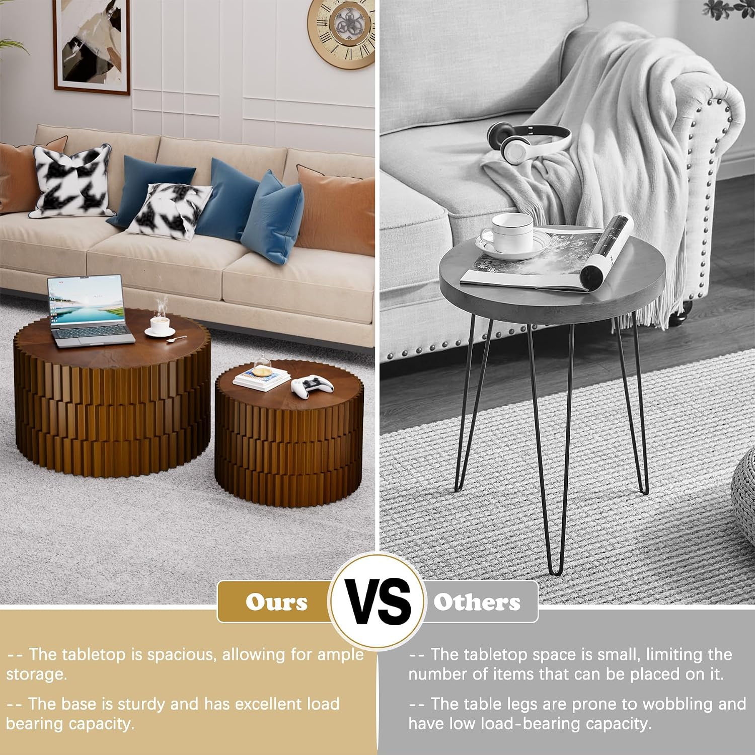 Round Nesting Coffee Table Set of 2 Fluted Coffee Tables Modern Drum Side End Table Wooden Circle Accent Side Table for Living Room Bedroom Balcony, No Assembly (Walnut 26.8'+19.7')