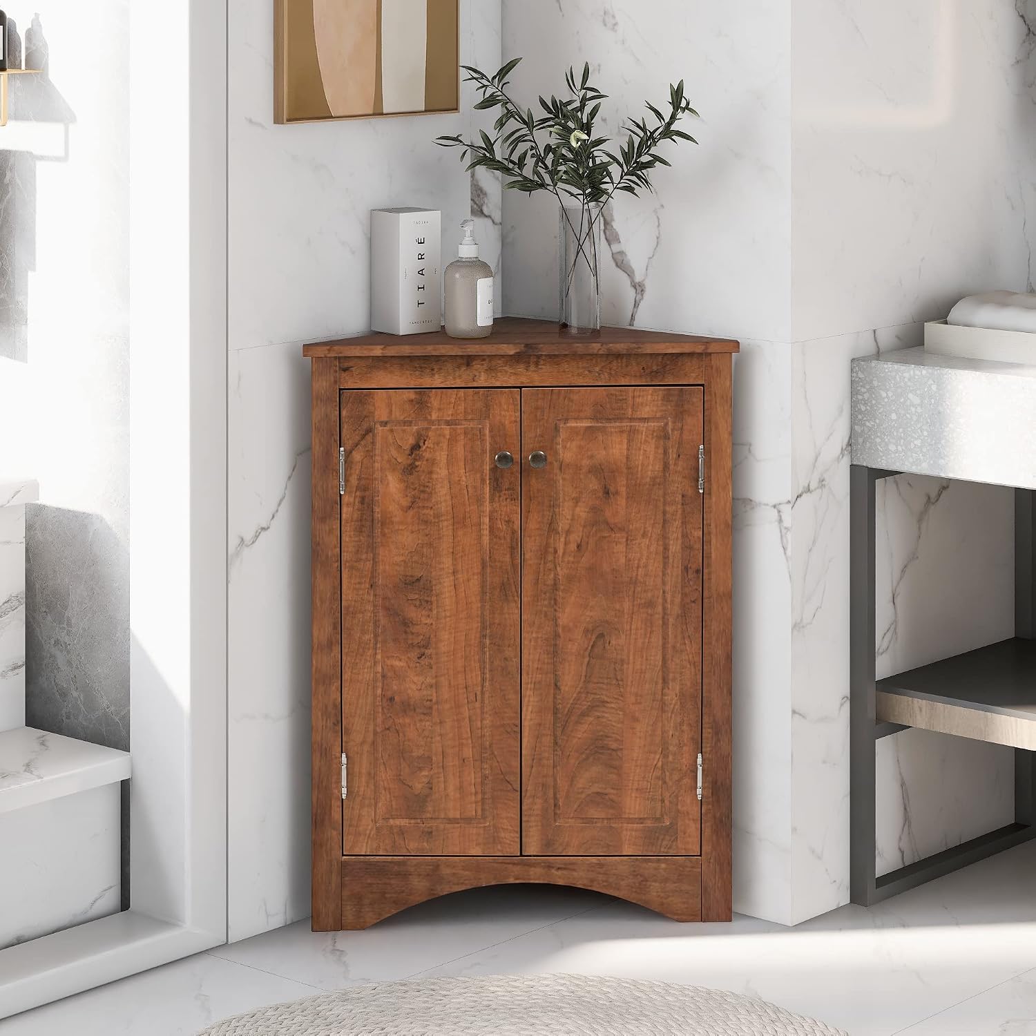 Knocbel 31.5' Height Corner Floor Storage Cabinet with Brushed Nickel Knobs, 2 Doors and Adjustable Shelves, Bathroom Pantry Corridor Free Standing Triangle Organizer Unit (Brown)