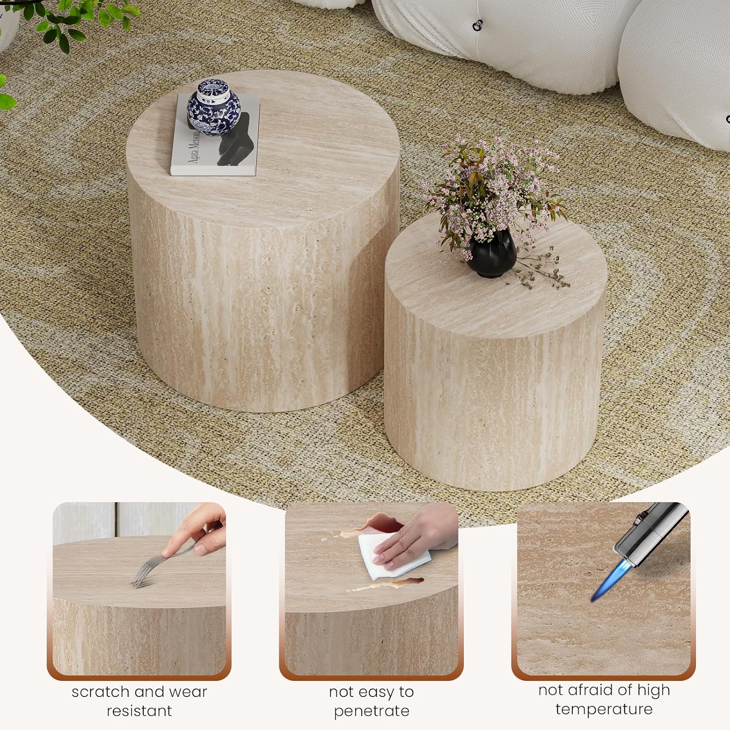 Round Wood Coffee Table Set of 2 Modern Circle Travertine Nesting Coffee Tables Handcrafted Drum End/Side Tables Sets for Living Room for Small Space (Travertine (D18.2+D14.6 inch))