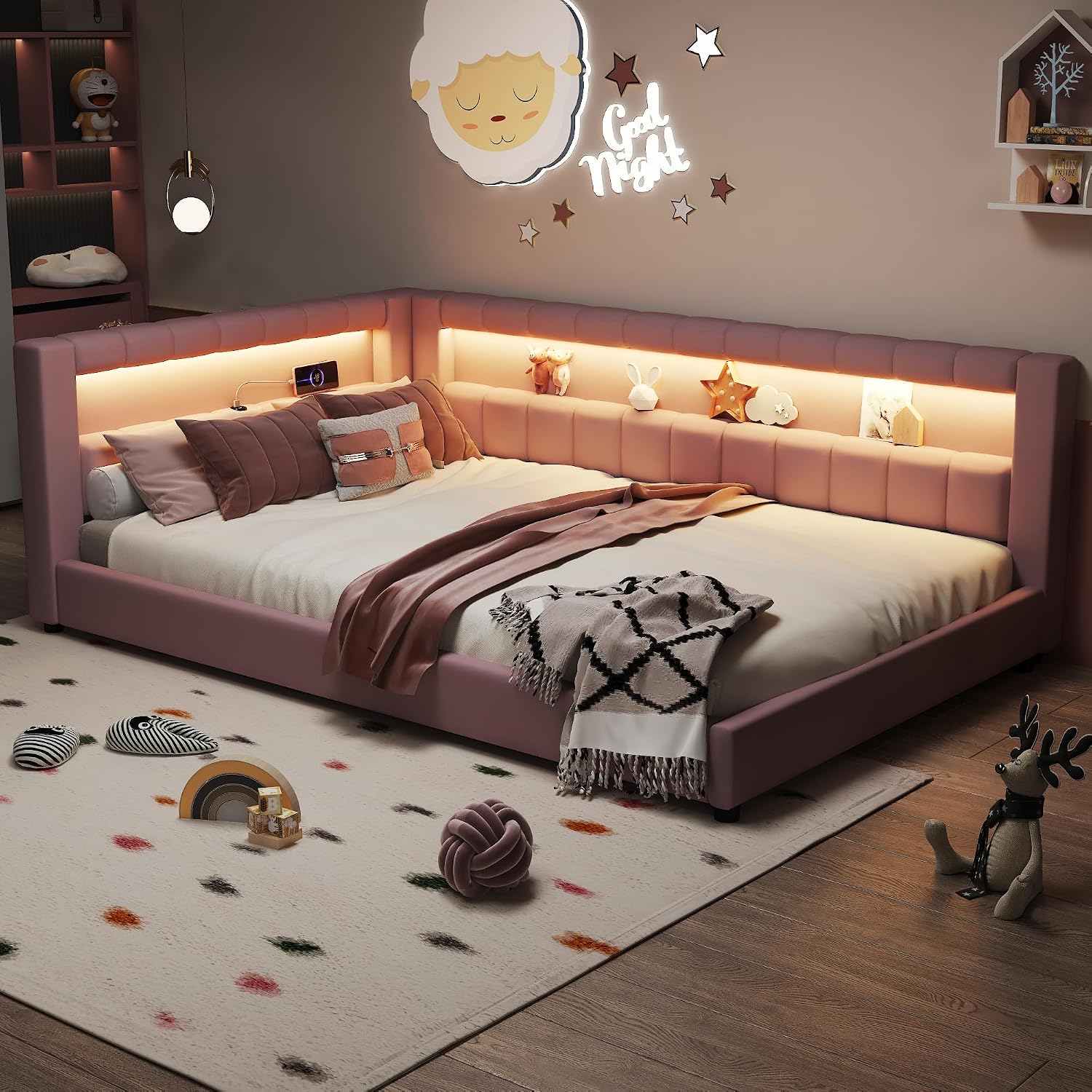 Upholstered Full XL Size Daybed with LED and USB Ports, L-Shaped Corner Day Bed with Storage Shelves Headboard,Space Saving for Girls Adults Kids Boys, Pink