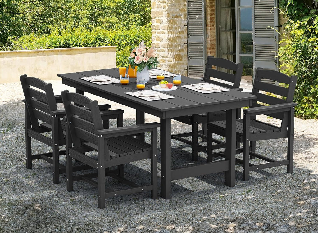 SERWALL Patio Dining Table Sets 5-Piece, Outdoor HDPE Dining Furniture Set with Umbrella Hole Cut-Out Table and 4 Chairs, All Weather Dining Set for Lawn, Garden, Backyard, Poolside, Black