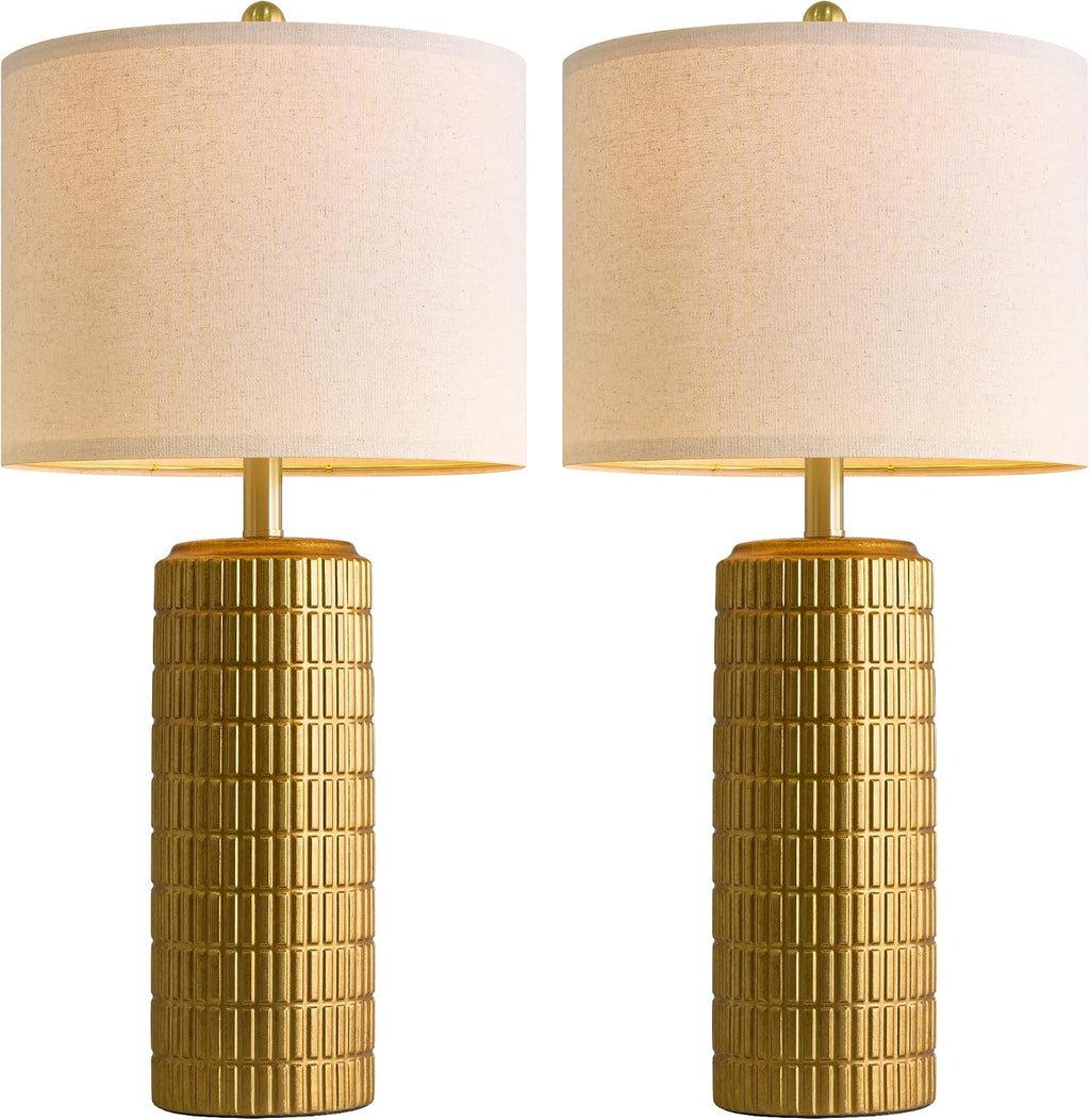 PoKat 27.5'' Tall Brass Gold Table Lamps Set of 2 for Living Room, Modern Table Lamps for Bedroom Night Stands, Retro Ceramic Bedside Lamps, Nightstand Lamps for Sideboard Side End Table, Gold