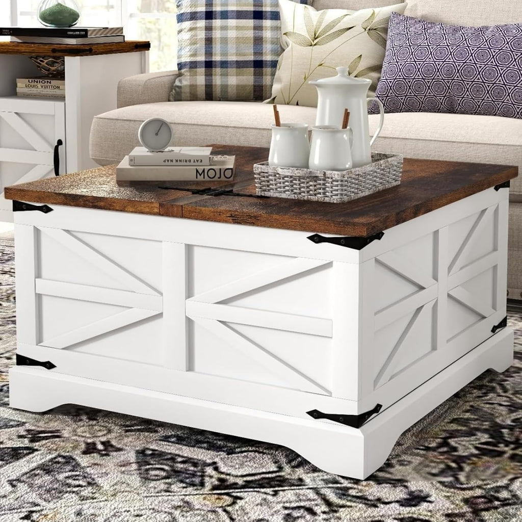 oneinmil Farmhouse Coffee Table with Storage Organizer, Square Coffee Tables with Large Storage Space, Center Table for Living Room, Bedroom, Home Office, White