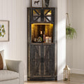 Lvifur Farmhouse Corner Cabinet with LED Lights, Tall Bathroom Storage Cabinet w/Barn Door & Adjustable Shelves, for Living Room (Dark Rustic Oak)