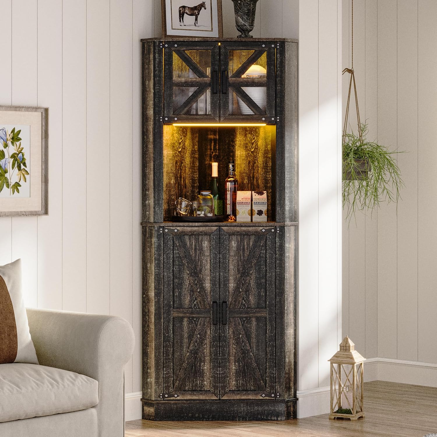 Lvifur Farmhouse Corner Cabinet with LED Lights, Tall Bathroom Storage Cabinet w/Barn Door & Adjustable Shelves, for Living Room (Dark Rustic Oak)