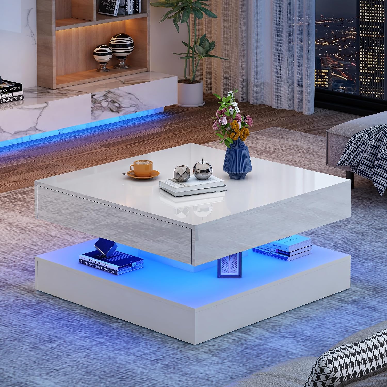 jiteentarou 33.9' LED Coffee Table with Storage, Modern High Glossy Living Room Table w/2 Drawers,Double-Layer Design Large Square Center Table for Living Room, Home, Office, White