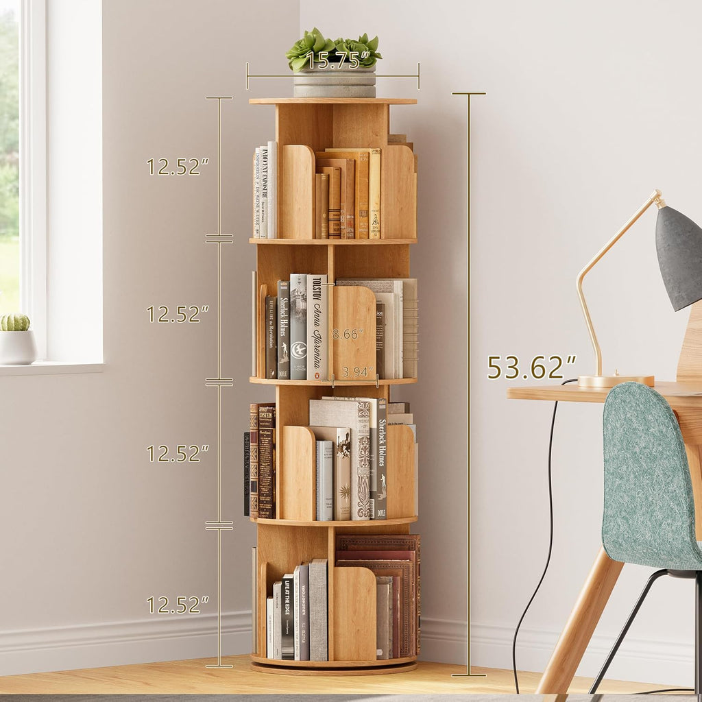 VDNEND Wooden 4 Tier Rotating Bookshelf, Spinning Bookshelf Tower,Modern Revolving Small Bookcase for Corner,Living Room,Bedroom (Natural Oak, 4-Tier)